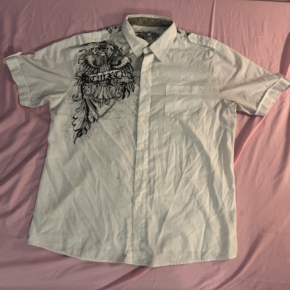 Armored saint dress shirt with burn hole distressing